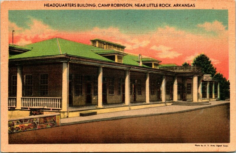 Linen Postcard Little Rock Arkansas AR Camp Robinson Headquarters Building M13