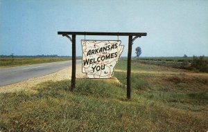 Arkansas Welcomes You Roadside Sign State Map c1950s Chrome Vintage Postcard