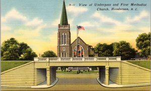 Postcard NC Henderson - Underpass and First Methodist Church