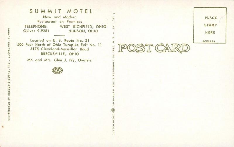 Brecksville Ohio~Fry's Summit Motel~Cleveland-Massillon Road~Car~1958 Postcard