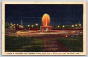 Sault Ste Marie Michigan~Fountain In Government Park @ Night~Vtg Linen Postcard
