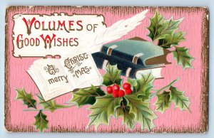 Christmas Postcard Good Wishes Holly Berries Books Embossed c1910's Antique