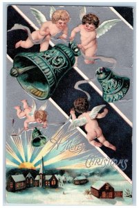 Christmas Postcard Angels Cherub Ringing Bells Church Winter Scene Embossed 1908