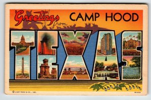 Greetings From Camp Hood Texas Large Big Letter Linen Postcard Curt Teich Unused