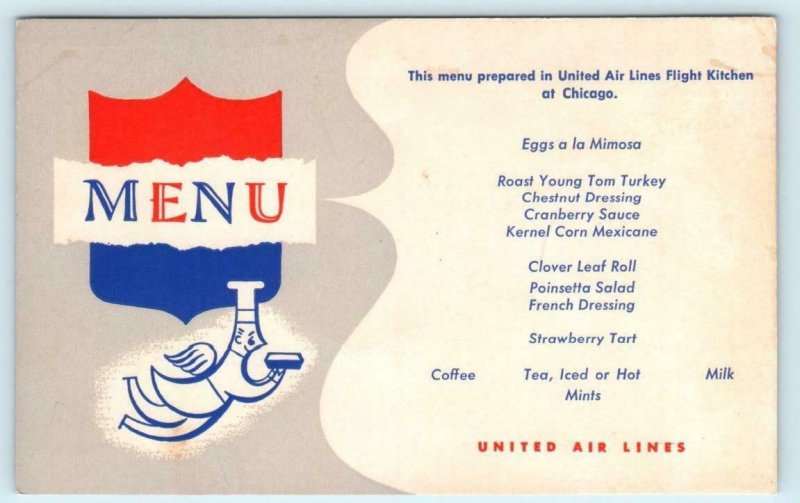 UNITED AIR LINES MENU Airlines FLYING ANGEL Chicago Flight Kitchen Postcard