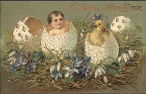 Easter - Baby & Chick Hatching From Eggs GILT FINISH c1910 Postcard