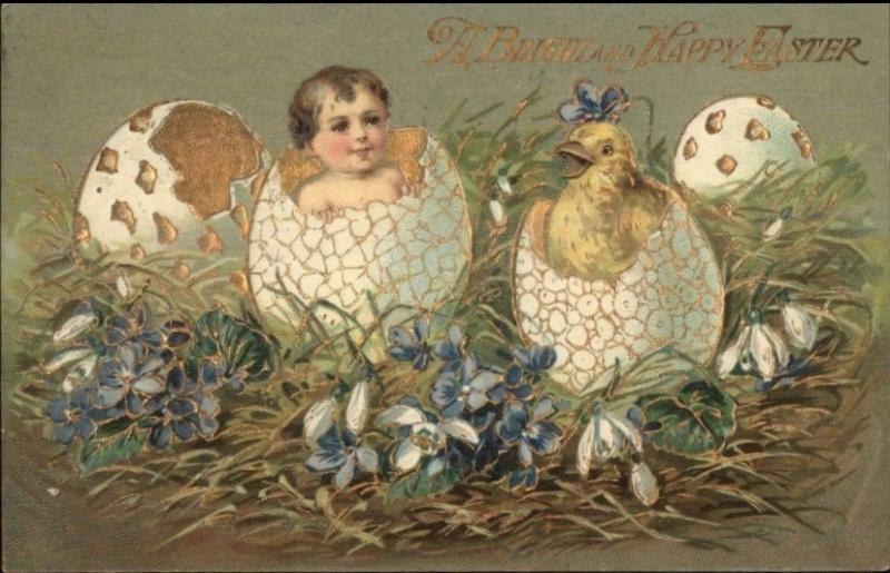 Easter - Baby & Chick Hatching From Eggs GILT FINISH c1910 Postcard