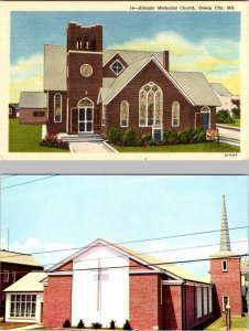 2~Postcards Ocean City, MD Maryland ATLANTIC METHODIST CHURCH Old & New RELIGION