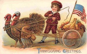 Thanksgiving Greetings Turkey Wagon Boy Stars Stripes Flag 1911 postcard