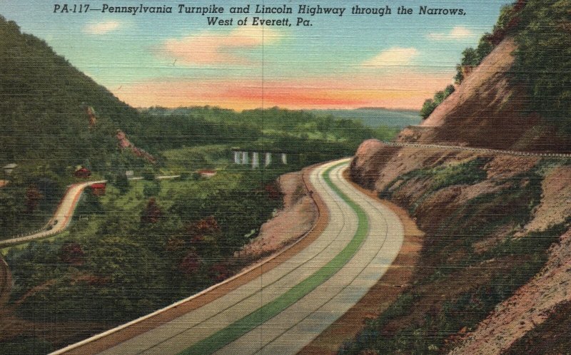 Vintage Postcard 1930's Turnpike Lincoln Highway Through Narrows West Everett PA 