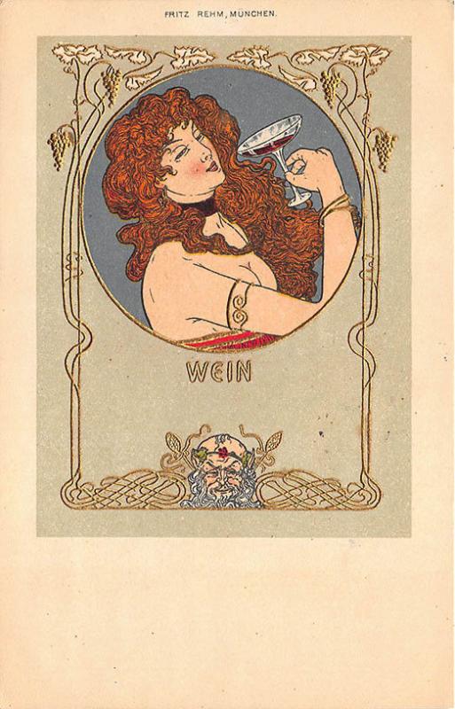 Beautiful Woman Wine Fritz Rehm Artist Munchen Art Nouveau Postcard