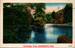 Postcard IL Greetings from Robinson Scene Along Allen Lake LINEN 1951 H3