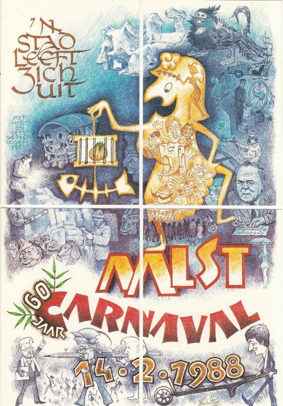 Puzzle postcards Belgium Aalast carnaval poster 1988 Ontwerp Jef Van Den Steen 