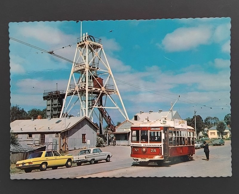 Bendigo, Victoria vintage tram and cars colour post card