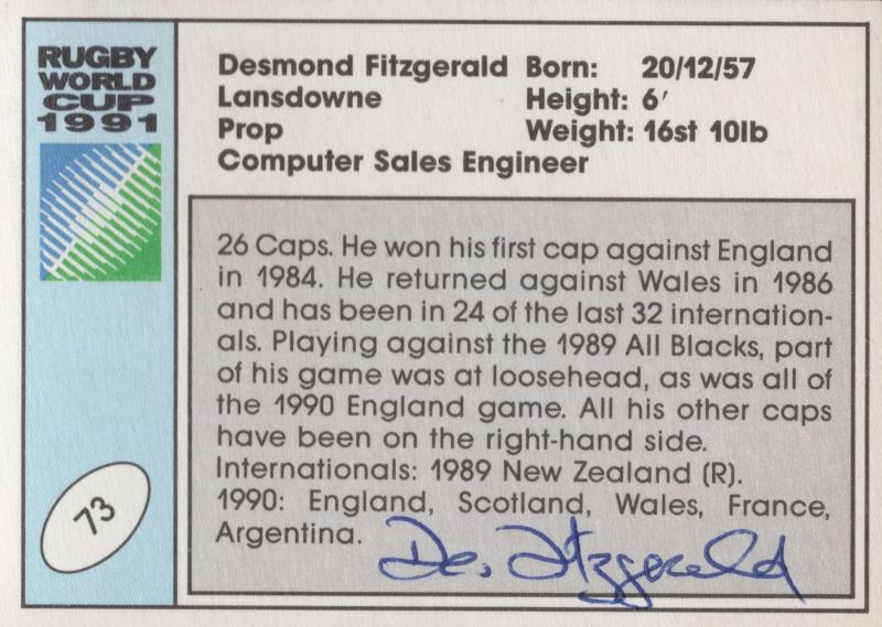 Desmond Fitzgerald Ireland Hand Signed Rugby 1991 World Cup Card Photo