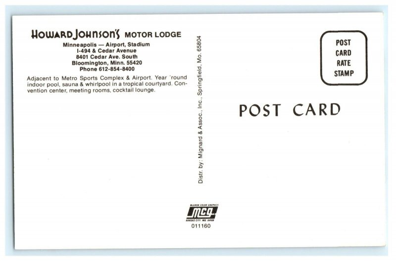 Howard Johnson Motor Lodge Motel Minneapolis MN Minnesota Postcard (BD13)