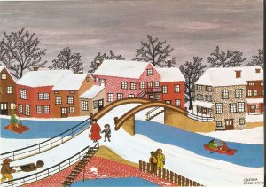 My village, by Cristina Redondo Naive painting, modern Spanish Postcard.