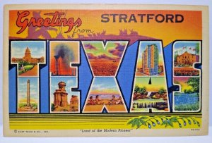 Greetings From Stratford Texas Big Large Letter Linen Postcard Curt Teich 1951