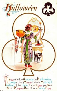 Vintage Nash Woman in Mirror, White Bat, Black Cat & JOL Halloween Postcard RARE