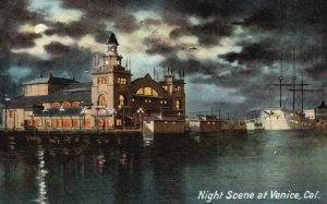 Vintage Postcard 1910 Night Scene at Venice Building Sea Ocean California CA