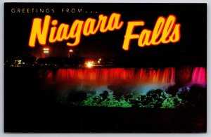 Greetings From Niagara Falls New York~Night View~Large Letter Chrome Postcard