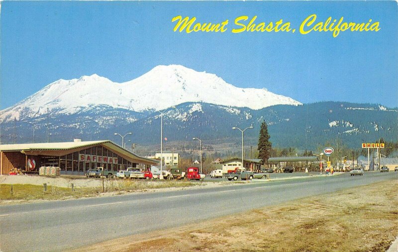 Mount Shasta California 1960s Postcard Safeway Grocery Shell Esso Gas