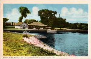 Postcard ON Peterborough George Street Wharf Little Lake Motor Boat 1940s K61