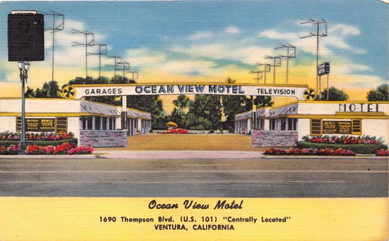 VENTURA CALIFORNIA OCEAN VIEW MOTEL~US 101~1690 THOMPSON BLVD POSTCARD 1940s