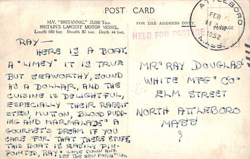 MV Britannic White Star Line 1952 