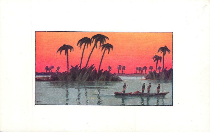 Belgian Congo Shipping Company navigation boat sunset scenic art postcard 1920s