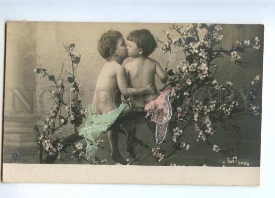 161743 Kids FAIRY in Garden KISS vintage PHOTO tinted PC