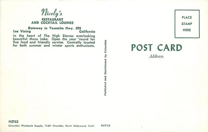 LEE VINING, CA   Roadside  NICELY'S RESTAURANT  ca 1960s   Mono County  Postcard