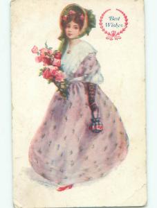 Pre-Linen signed PRETTY GIRL CARRYING PURSE HANDBAG AND ROSE FLOWERS k6624