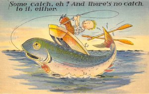 Man in a Boat With a Huge Fish on the Line Comic Fishing Unused 