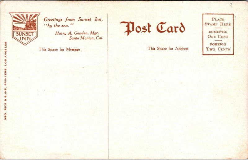 c1910 Postcard Main Cafe Interior, Sunset Inn, Santa Monica CA JD2