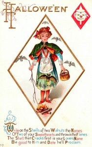 Vintage Nash Little Witch, White Bats, JOL, Cauldron Antique Halloween Postcard