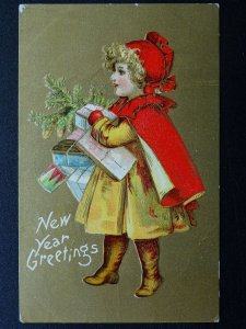 New Year Greeting LITTLE GIRL & BOX of CHRISTMAS PRESENT c1909 Embossed Postcard