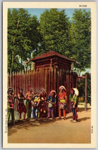 Vtg Native American Indian Men At Fort 1940s Linen View Unused Postcard