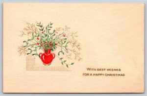 Holiday~A Happy Christmas~Vase Of Mistletoe & Holly~Printed In Italy~Vintage PC