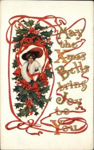 Christmas Beautiful Woman Fashionable Hat Ribbon Font c1910 Postcard