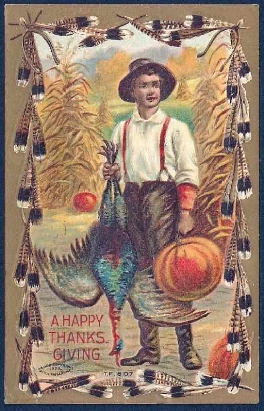 Happy Thanksgiving Man w/Pumpkin & Turkey used c1909