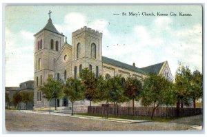 1909 St. Mary's Church Scene Street Kansas City Kansas KS Antique Postcard