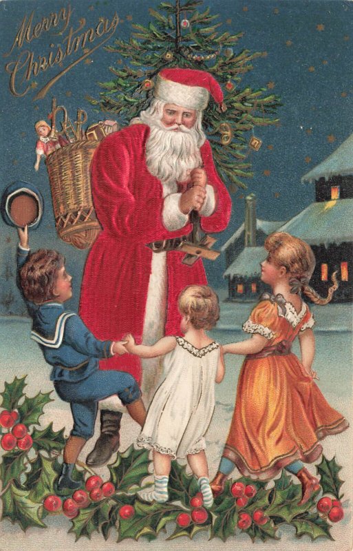 Christmas, Albrecht & Meister No AMB101-5,Red Silk Suit Santa & Dancing Children