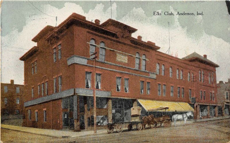 Anderson Indiana 1910 Postcard Elks Club Horse Cart