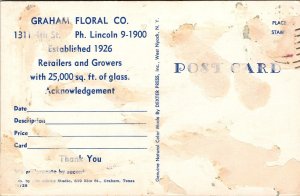 Vtg Texas TX Graham Floral Company Business Advertising Postcard