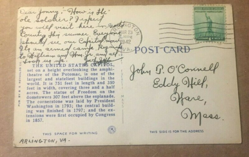 VINTAGE .01 LINEN PC 1942 USED U.S. CAPITOLWASHINGTON D. C.