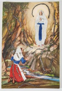 Our Lady De Lourdes Embroidered Glitter Applique Postcard N29