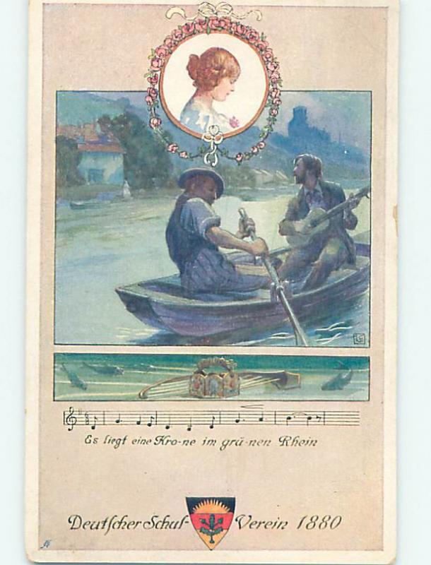 Pre-Linen signed MAN WITH GUITAR IN BOAT ON RHEIN RIVER IN GERMANY HJ4627