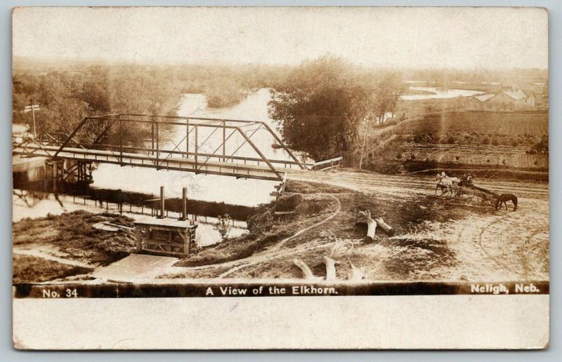 Neligh Nebraska~Elkhorn River~Long Horse Wagon Approaches Bridge~Farm~1908 RPPC