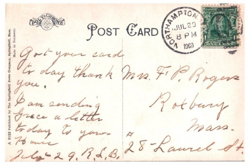 Elm Street Northampton Massachusetts Postcard Posted 1908